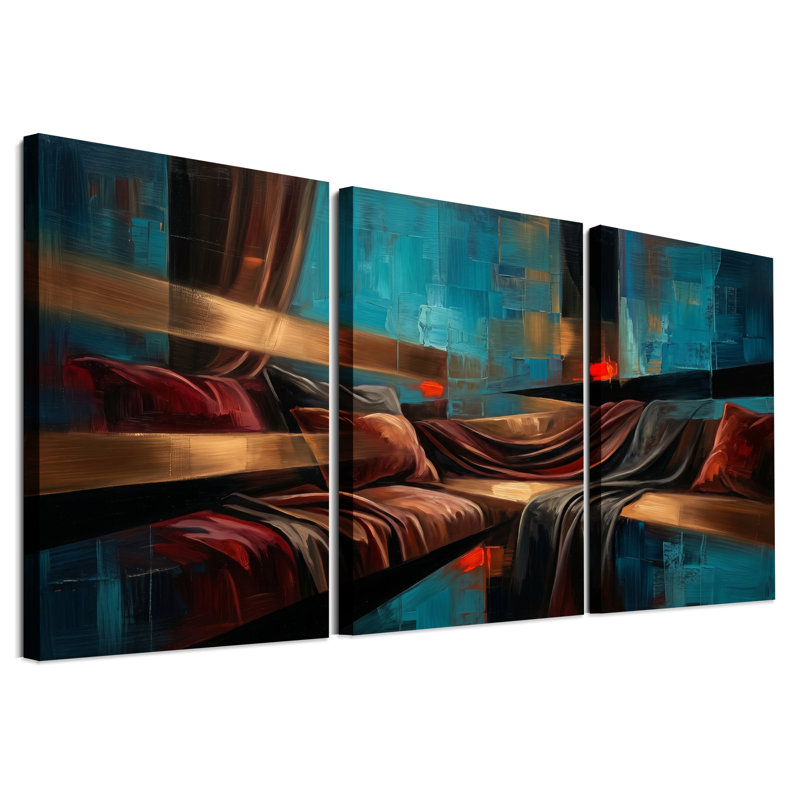 Toile abstraite bleu sarcelle et cramoisi, ensemble de 3 toiles, H 18 po x l 12 po x 3 pièces