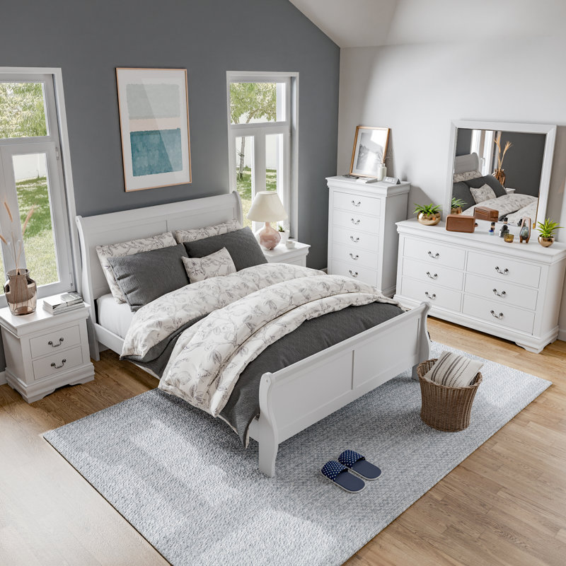 Ensemble de chambre à coucher Extula, Blanc, Grand, Six articles : lit, deux tables de chevet, deux c