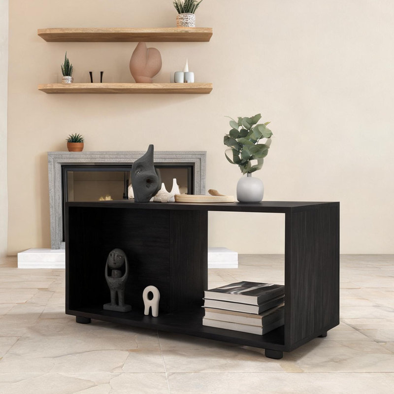 Table basse en panneau de particules noir mat avec roulettes et tablette, accent mobile rectangulaire pour le salon