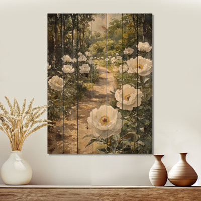 Peonies On The Farm Path I - Peonies Wood Wall Art - On Natural Pine Wood