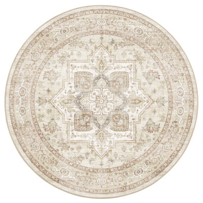 Taupe Machine Washable Vintage Round Area Rug