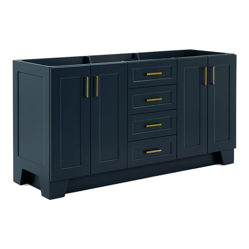 Meuble-lavabo double en bois massif Freitas, Bleu minuit