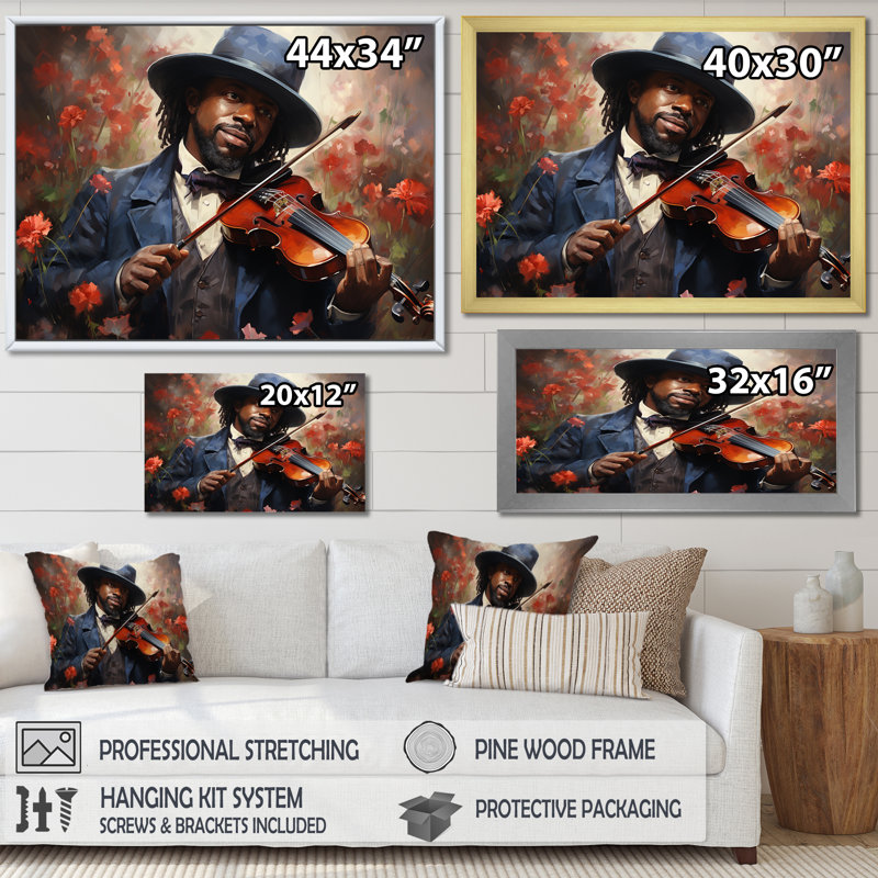 «African Jazz Musician I» - Art mural art afro-américain, Toile tendue, H 24 po x l 32 po x P 1 po
