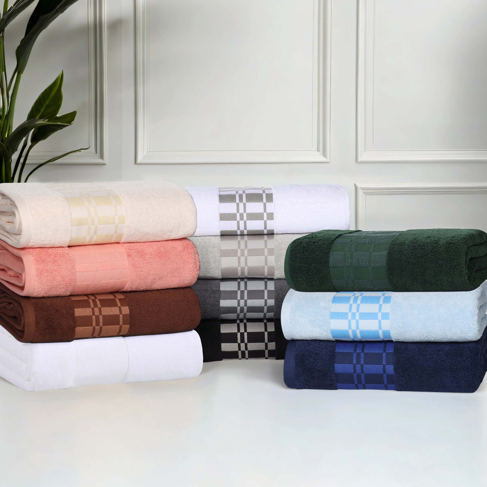 Mikira Larissa Cotton Medium Weight Geometric Border 8 Piece Assorted Towel Set, Coral