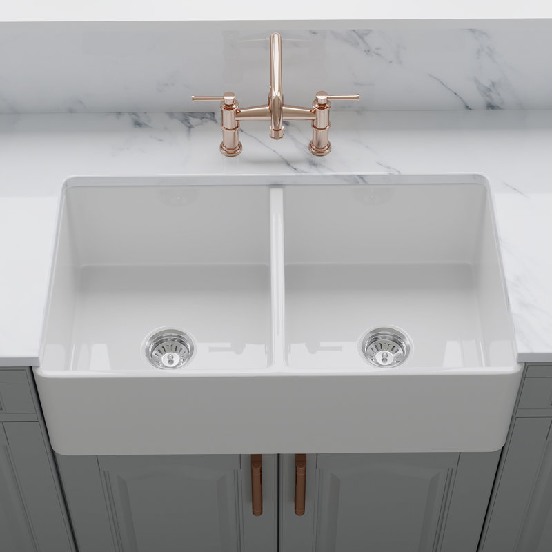 33" Crestwood Fireclay Kitchen Sink, Farmhouse Sink, Rectangle Double Bowl Apron Front, Plain Ceramic Farm sink, White