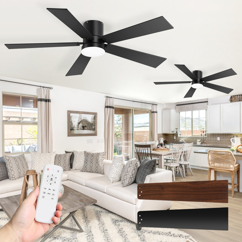  2 Pack 42 Inch Black Ceiling Fans with Lights, Flush Mount Ceiling Fan with Remote Control, 6-Speed Reversible DC Motor, Ceiling Fan for Bedroom, Living Room & Covered Outdoor