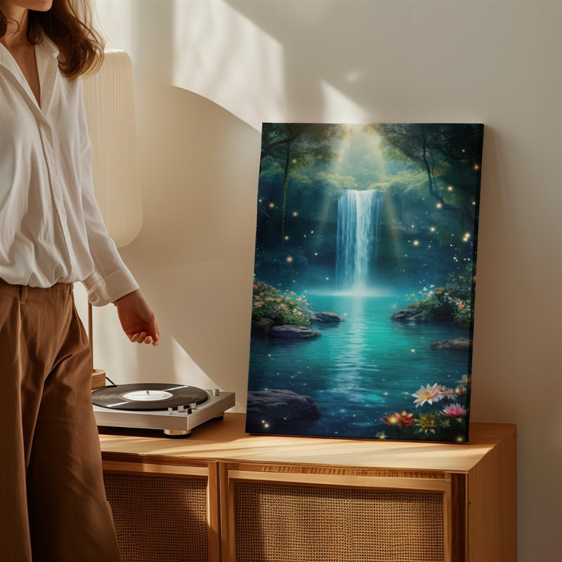 Toile, paysage serein de fantaisie avec cascade entourée d'art mural, H 40 po x l 30 po