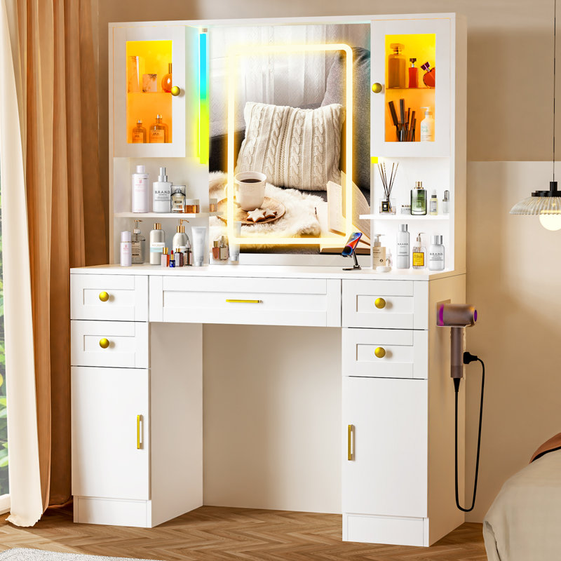Maquillage avec 16 lumières RVB, grand bureau de meuble-lavabo avec miroir à écran tactile et prise de courant, 4 armoires et 5 tiroirs pour la chambre à coucher