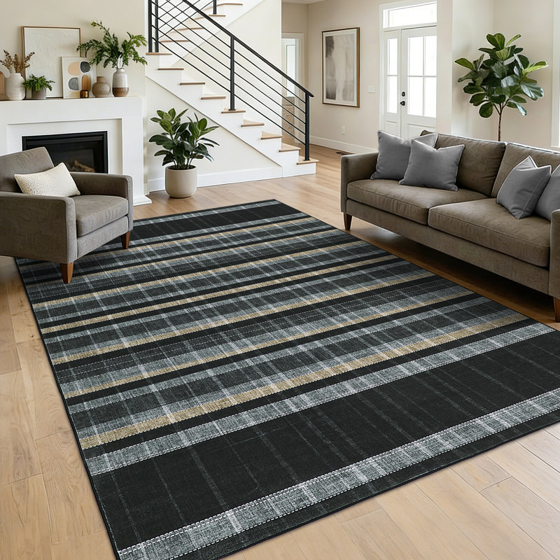Tapis écossais lavable à la machine, Noir, Rectangulaire 8 pi x 10 pi