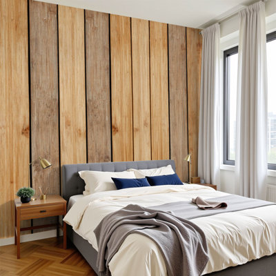 Peel and Stick Wallpaper 96" W x 69" H Modern Self Adhesive Wall Mural for Bedroom Bamboo Floor Texture Wood Material Plank Timber