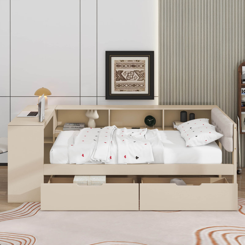Lit plateforme avec tiroirs, tablettes de rangement, station de charge et tête de lit tapissier, Lit simple, Crème, crème