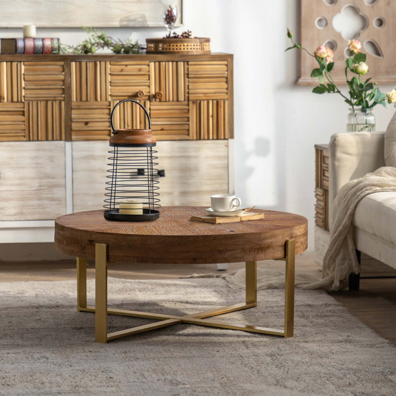 Table basse ronde rétro avec plateau en bois de sapin, Doré
