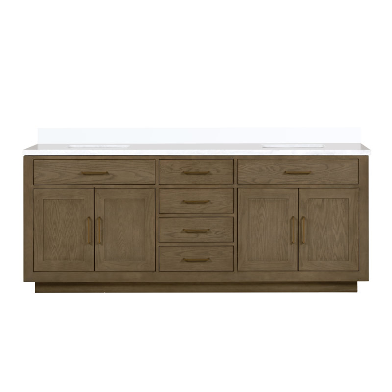 84" Double Bathroom Vanity Set, Gray Oak, White Quartz