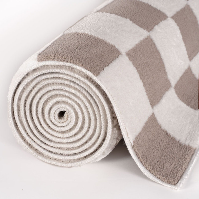 Loft Modern Checkerboard Living Room Area Rug and Runner Soft Pile, Rectangle 200 x 290 cm, Beige/Ivory