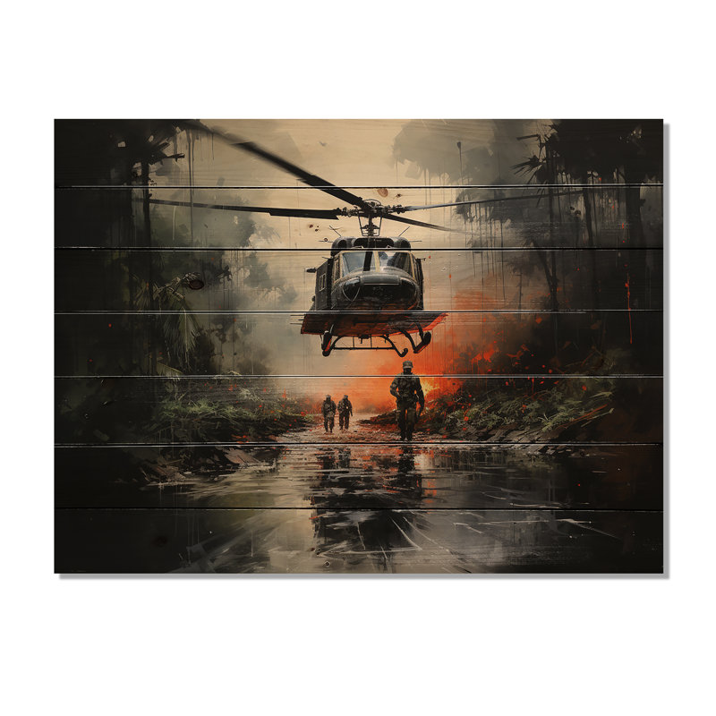 Hélicoptère militaire dans la guerre du Vietnam - impression sans cadre sur bois, H 24 po x l 32 po x P 0,78 po