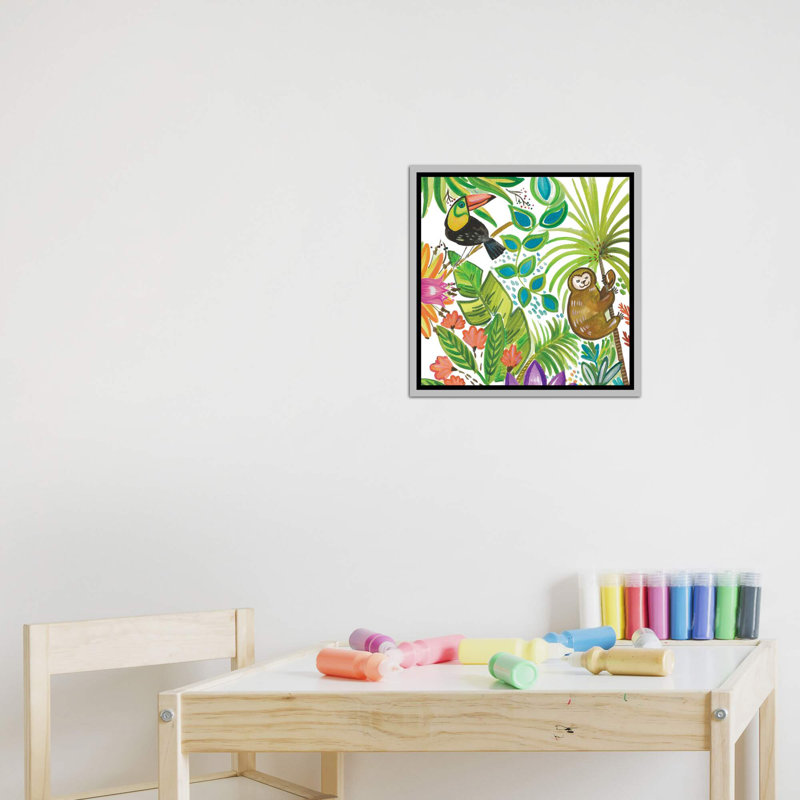 Art tropical encadré, H 26 po x l 26 po x P 1,5 po, Toile avec cadre argenté
