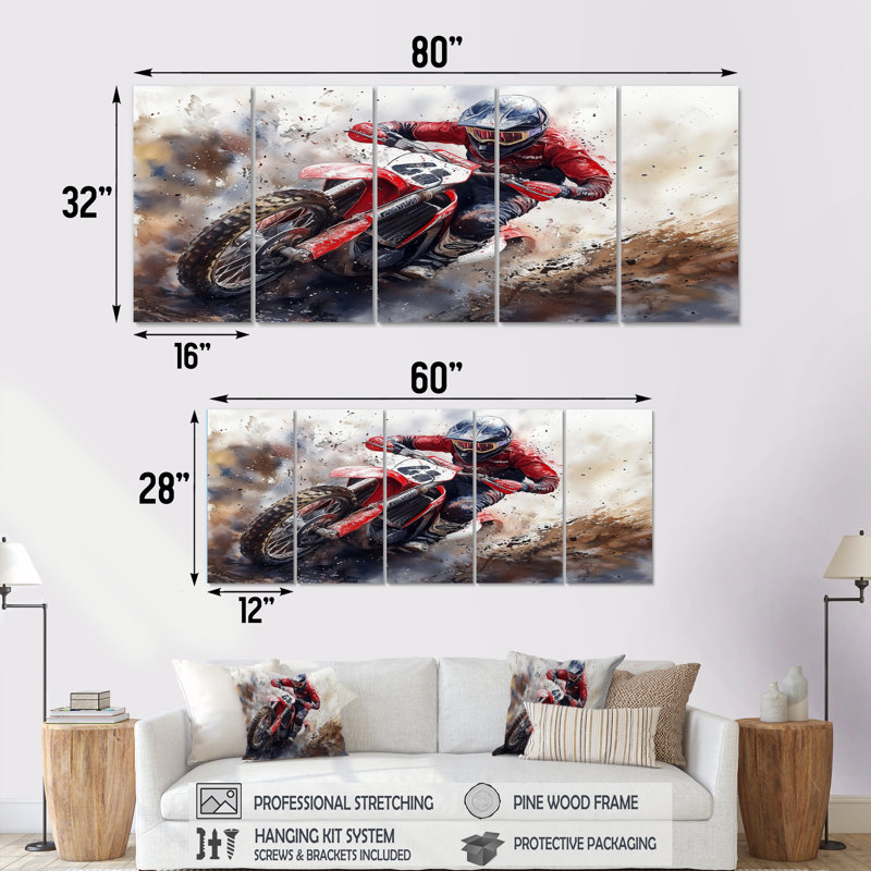 «Red Moto X Mayhem Accents With Black II», ensemble d'art mural sur toile, H 28 po x l 60 po