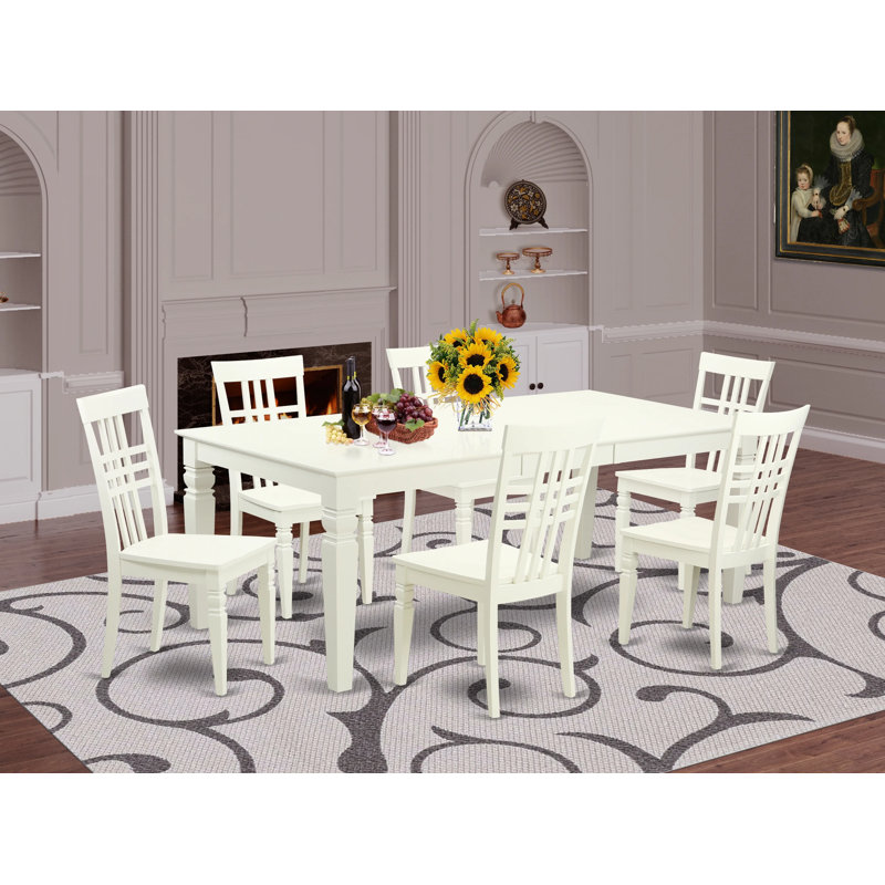 Ensemble de table de salle à manger 7 pièces composé d'une table rectangulaire avec rallonge papillon et 6 chaises, lin blanc