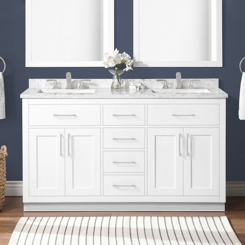 Athea 60 in. Double Sink Freestanding Pure White Bathroom Vanity with White Engineered Marble Top, White