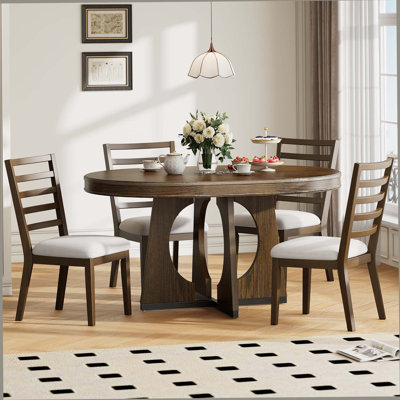 Round Dining Table For 4 With Chairs Set, Extendable Dining Table Set With 16" Removable Middle Leaf, 5 Piece Retro Dining Table Set Unique Geometric Design For Kitchen, Dining Room (Walnut)