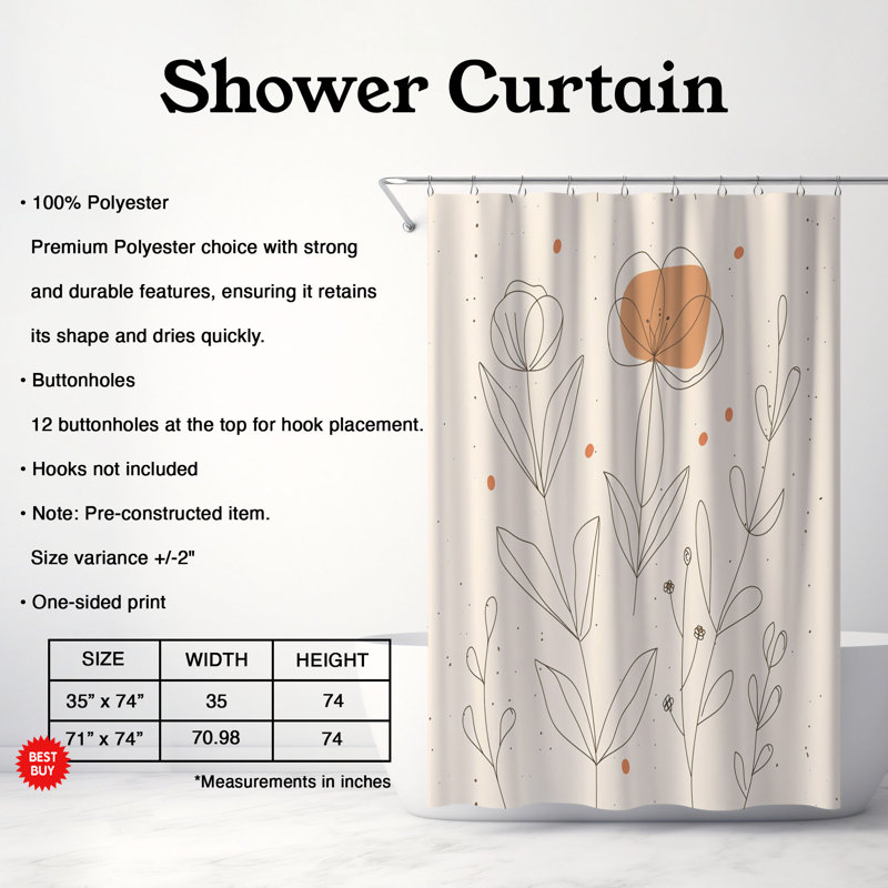 Rideau de douche standard 1 pièce Soft Beige Blooms, H 74 po x l 71 po
