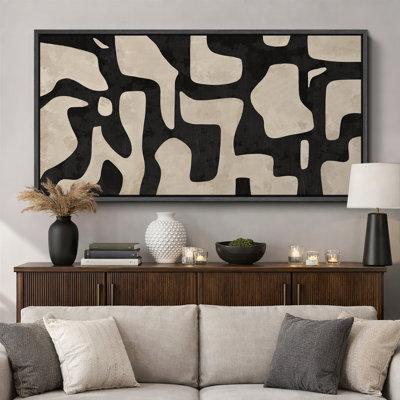 Contours abstraits de forme Mid-Century, œuvre d'art beige et noir, décoration de chambre à coucher rétro, très grande impression sur toile encadrée