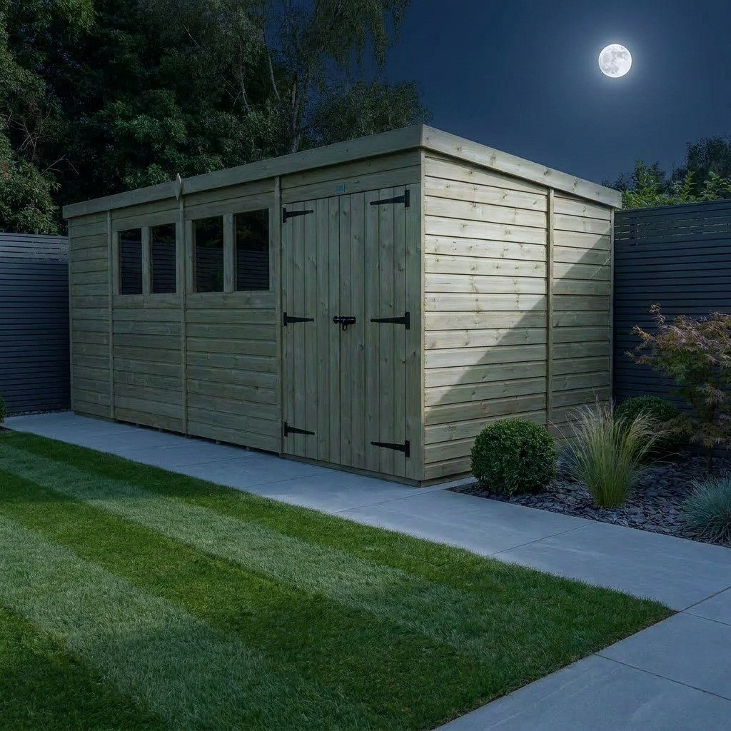 Total Sheds 15ft x 10ft Pent Garden Shed - Double Door - With Windows - Pressure Treated Timber - UK Manufactured