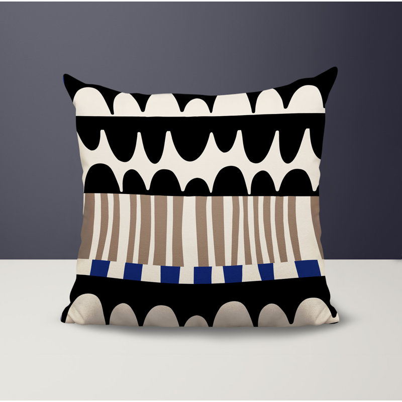 Coussin carré intérieur / extérieur Rami, Bleu marine / noir / blanc cassé abstrait, H 15 po x l 15 po
