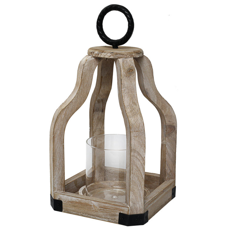 13" Rustic Farmhouse Wood Candle Hurricane Lantern With Glass Candlestick Holder For Patio, Table Centerpiece, White Wash