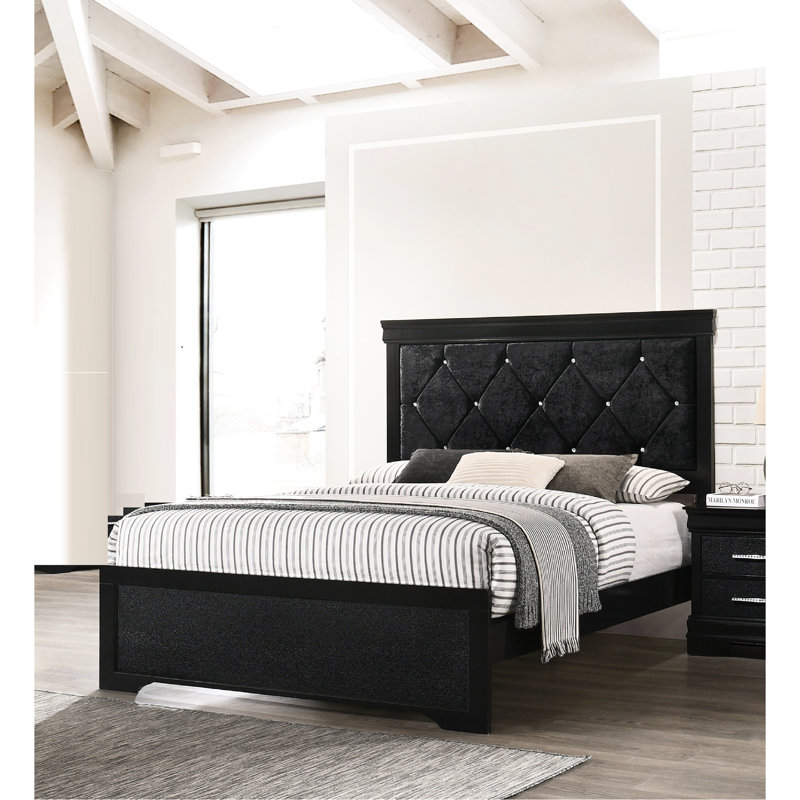 Lit simple à finition noire avec tête de lit tapissier - Chambre à coucher moderne