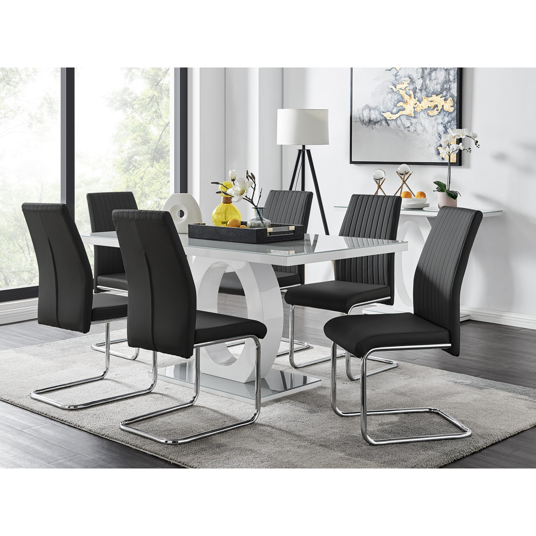 Scottsmoor Modern High Gloss Halo 6 Seater Dining Table Set with Luxury Faux Leather Dining Chairs East Urban Home Chair 