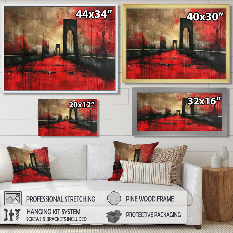 Décoration murale pont noir noir rouge - NYC - Ponts, Cadre flottant brun, H 16 po x l 32 po x P 1 po
