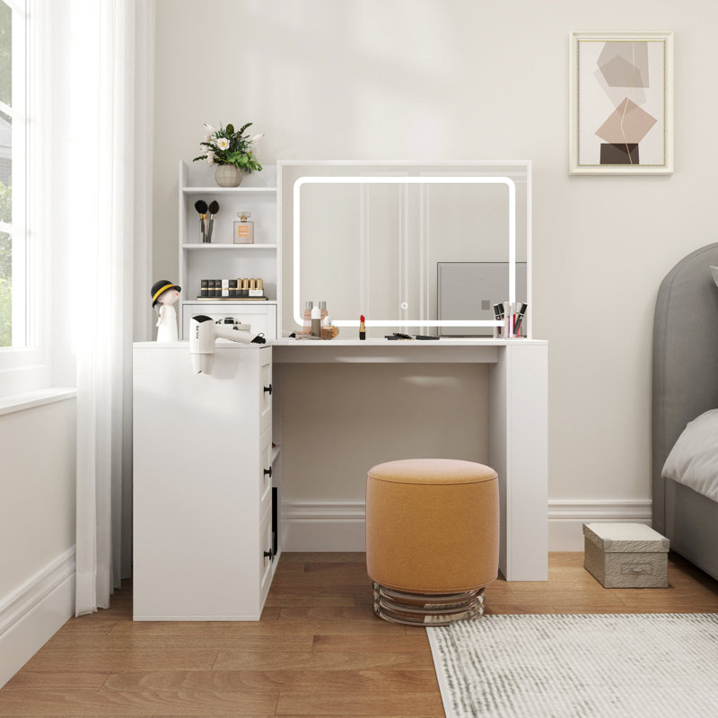 Miroir de salle de bain avec 3 grands tiroirs et coiffeuse à lumières réglables