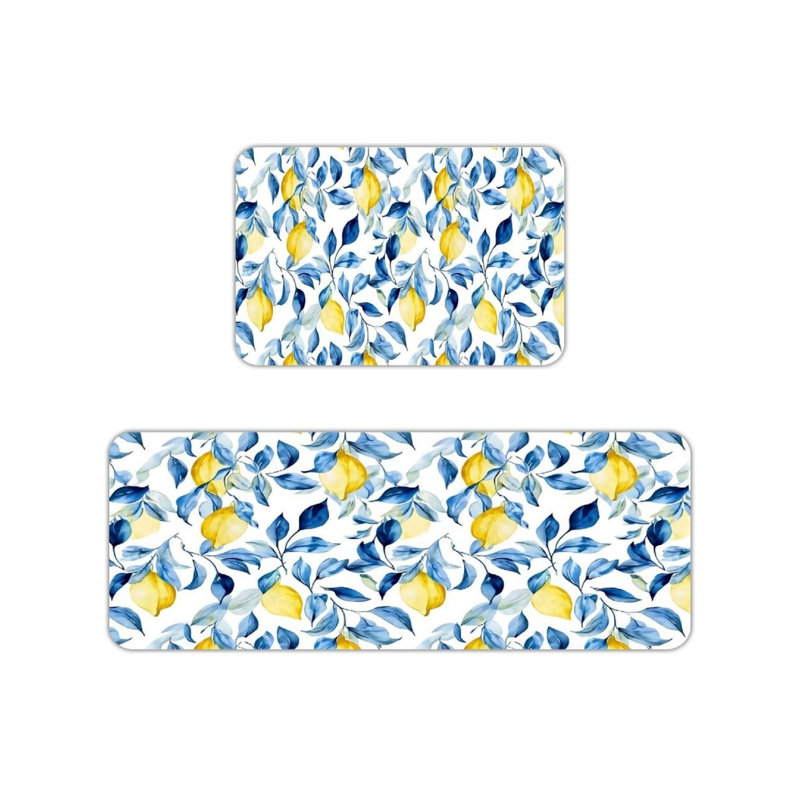 Tapis de cuisine jaune et bleu aquarelle citron, 2 pièces, décor moderne pour la cuisine et le salon