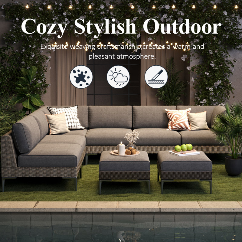  5-piece Wicker Rattan Patio Furniture Set, Deep Seating Outdoor Modular Sectional Sofa Conversation Set With Thick Cushions For Lawn, Garden