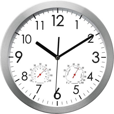 Horloge murale WOOPHEN de 12 pouces avec température et humidité, horloges murales silencieuses à cadre en métal à piles pour bureau, maison, salle de bain, cuisine, chambre à coucher, école, salon (argent)