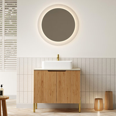 30" Bathroom Vanity with Sink, Freestanding Plywood Bathroom Storage Cabinet with 2 Doors, White Rectangular Ceramic Basin and Roma Travertine-Pattern Sintered Stone Counter Top, Woodgrain Color