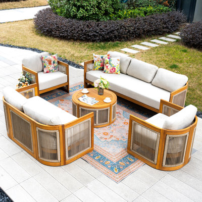 -Piece Outdoor Solid Wood & Rope Sofa Set with Coffee Table for 7