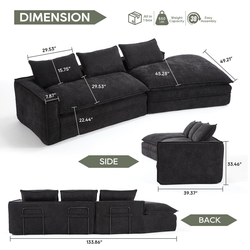Dayja Boneless Curved Upholstered Sectional Sofa with Chaise & Deep Seats, Black Fabric