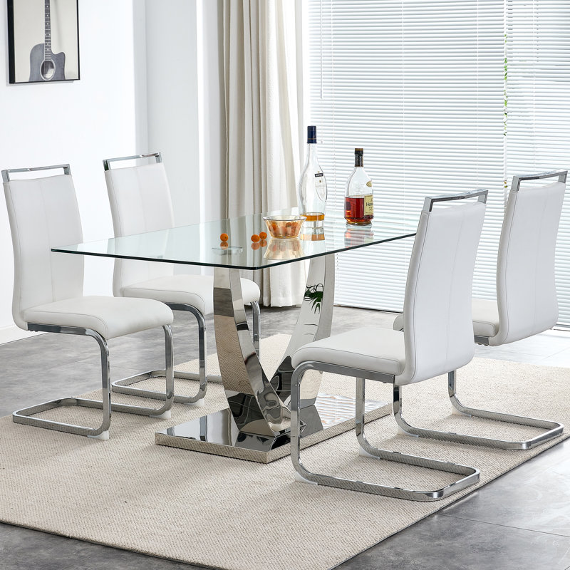 Plouffe Glass Top Metal Base Dining Table, Silver