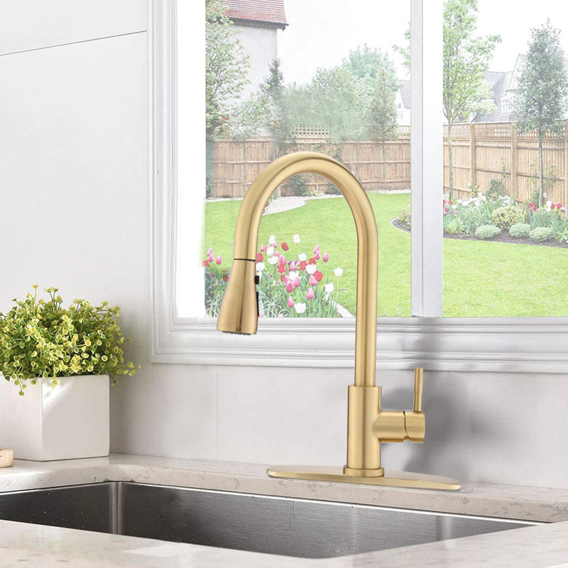 Stainless Steel Brushed Gold Kitchen Faucet, Spot , Pause Button, 1.8Gpm Flow Rate, 8.66" Spout Reach, Gorgeous Pull Down Faucet In Gold, Steel, Max To Rust And Fingerprints, Fashionable Look