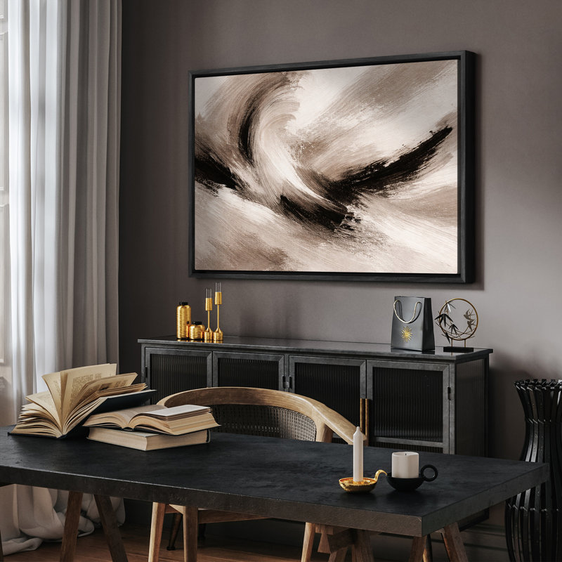 «Neutral Abstract Swirl» avec mouvement dynamique et contraste doux, impression encadrée, H 24 po x l 36 po, Noir