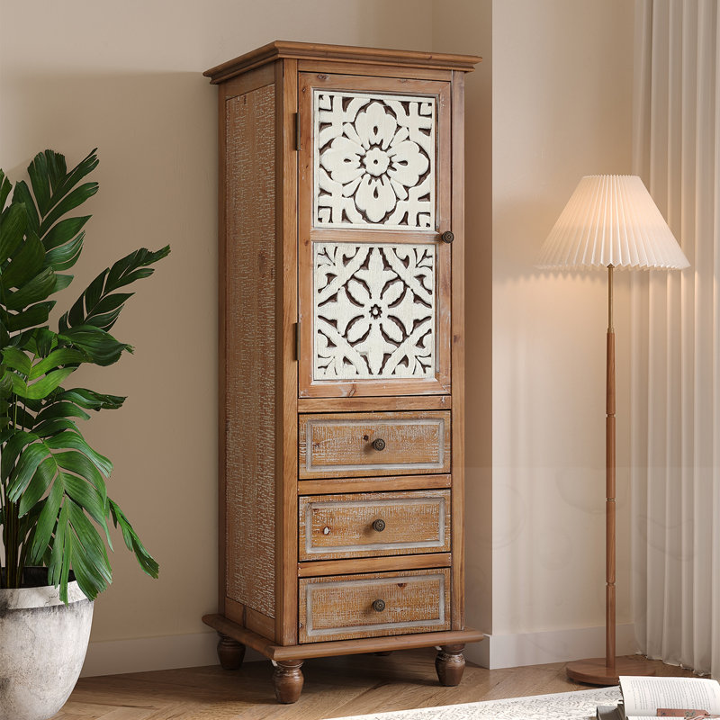 Grande armoire de rangement en bois avec porte découpée et 3 tiroirs