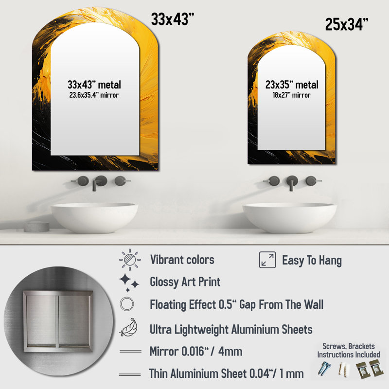 Yellow Whirling Winds II - Storms Arch Mirror, Yellow Asymmetrical Unique Wall Mirror, Printed Metal Art, 43" x 33"