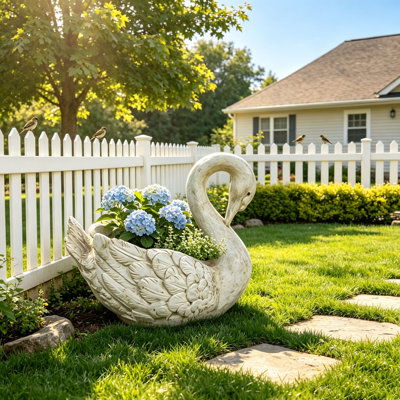 12.8" H Vintage White Swan Garden Sculpture, Resin Swan Statue with Feather Texture