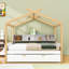 Lit en bois en forme de maison avec lit gigogne escamotable et tablettes intégrées-416227220