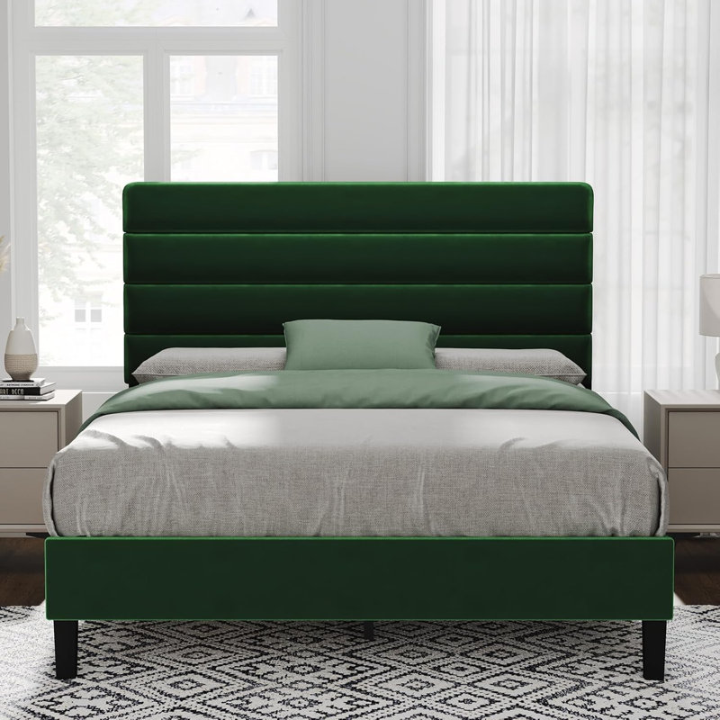 Cadre de lit avec tête de lit, cadre de lit plateforme avec tête de lit tapissier en velours, Grand, Vert
