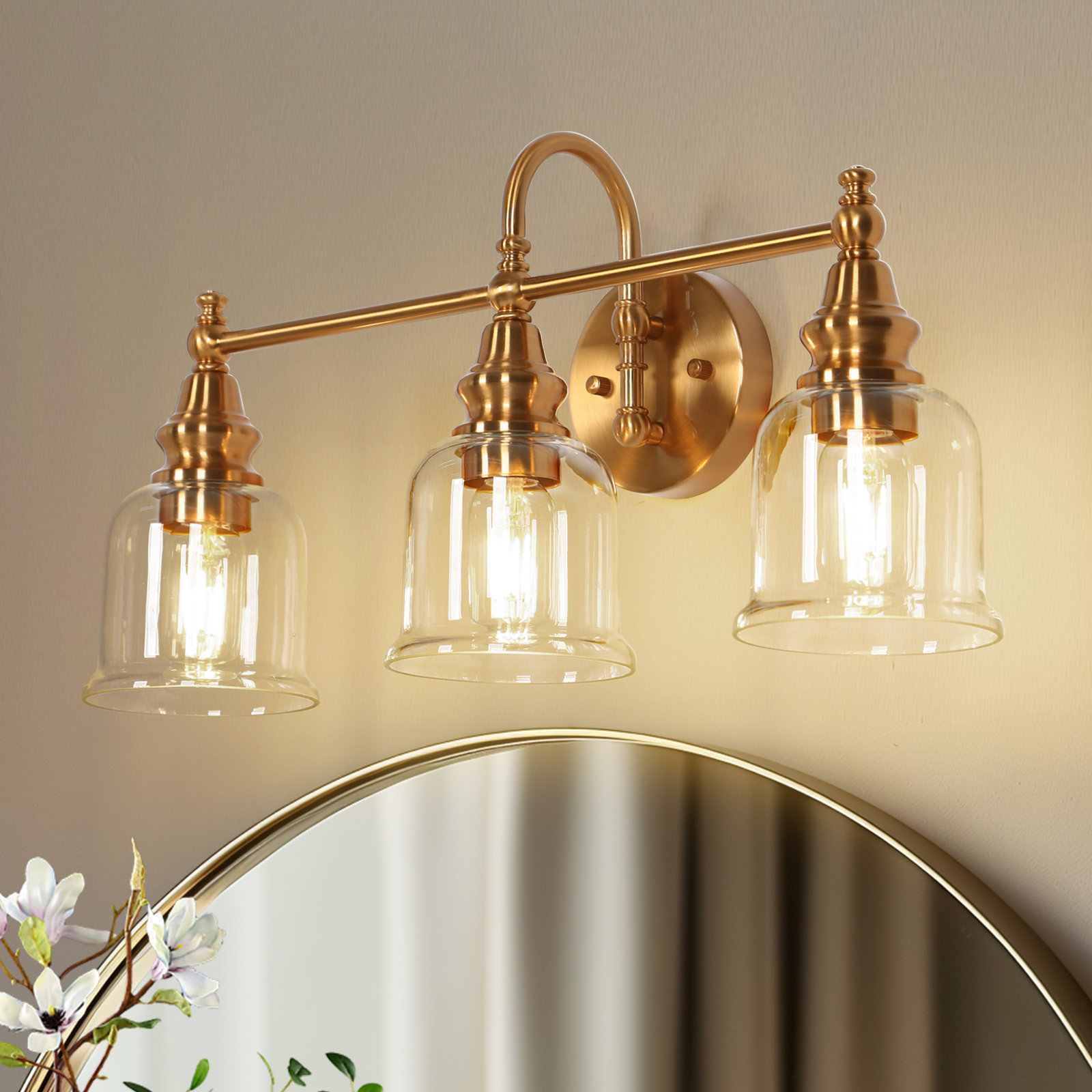 3-Light Dimmable Vanity Light, Brass