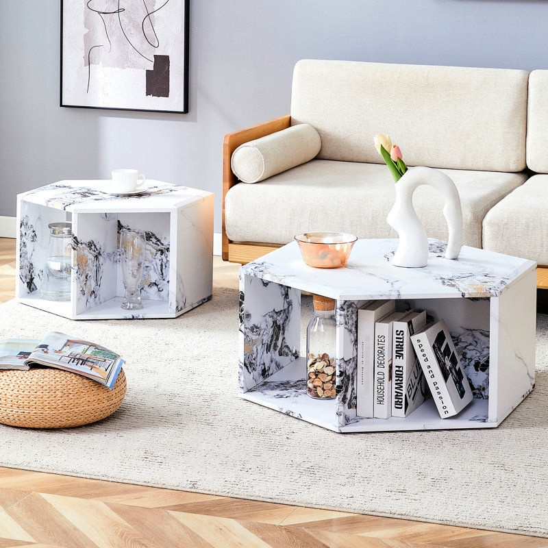 Table basse blanche hexagonale, décalcomanies élégantes, rangement pratique, guide de montage facile, instructions modernes et astucieuses pour l'entretien