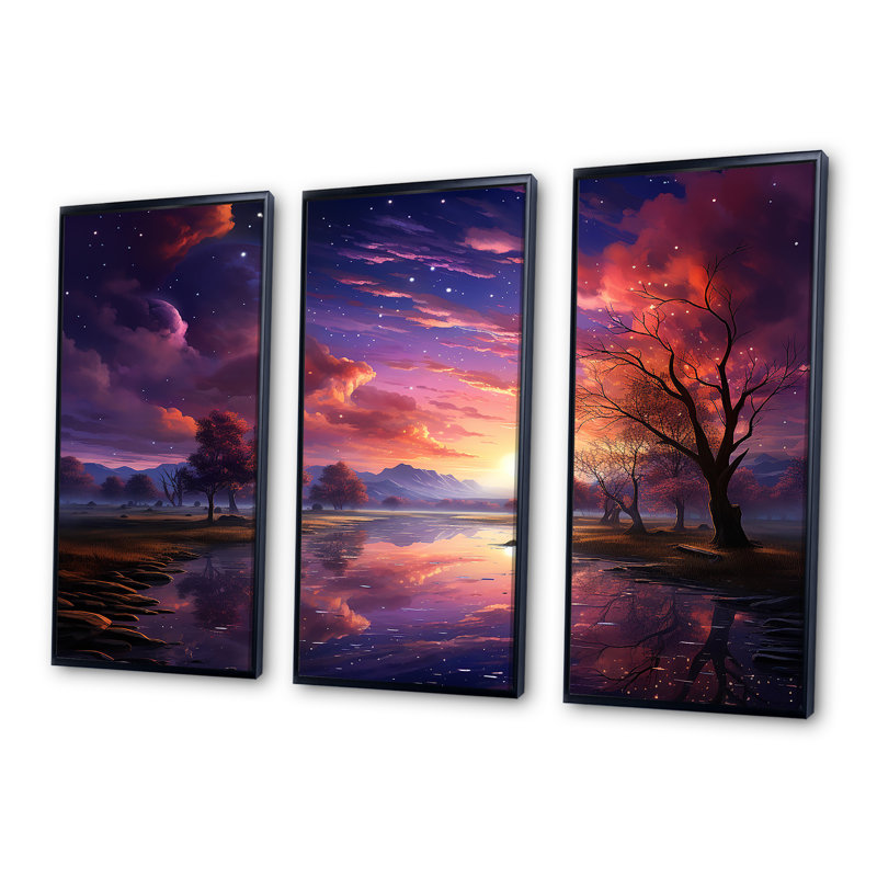 «Pink Moon Sunrise Space Landscape I», art mural abstrait, H 28 po x l 36 po x P 1 po, Cadre flottant noir